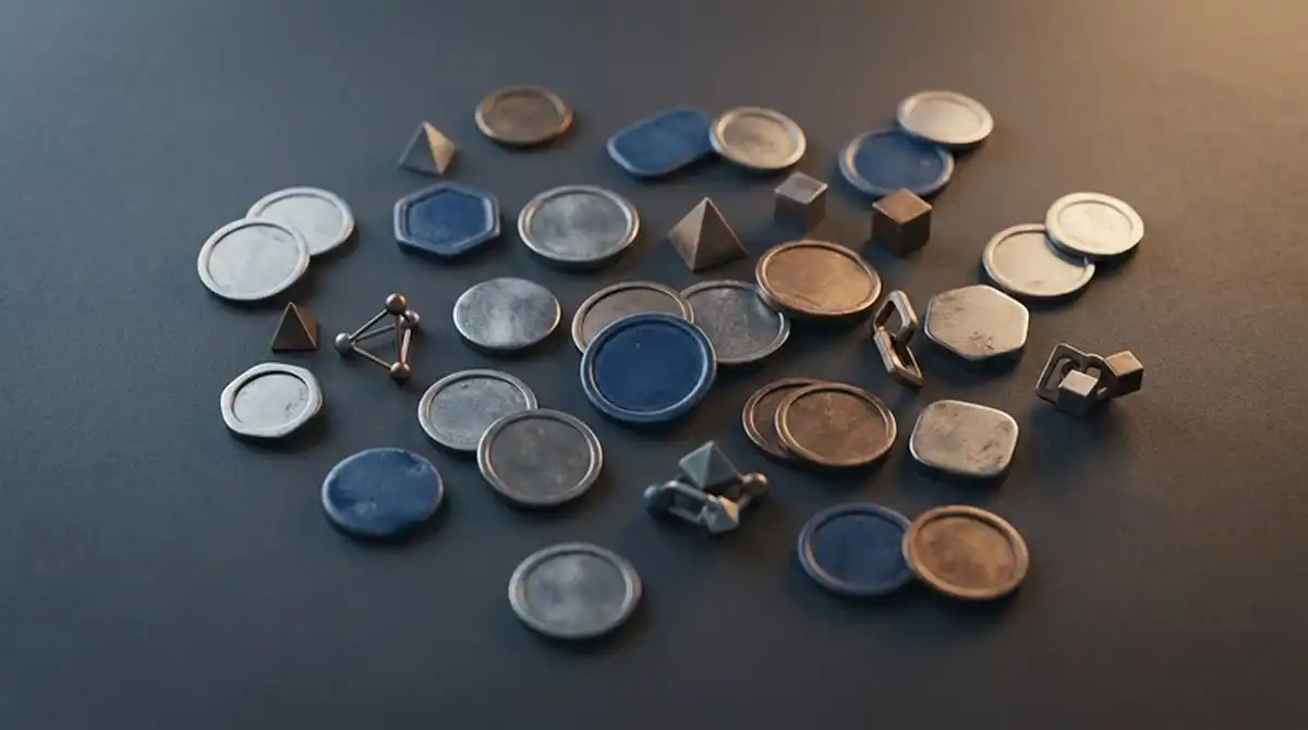 Abstracte close-up van generieke fiches en tokens zonder brand op donkergrijze ondergrond, warme accentverlichting rechts, ondiepe scherptediepte, editorial fotografie