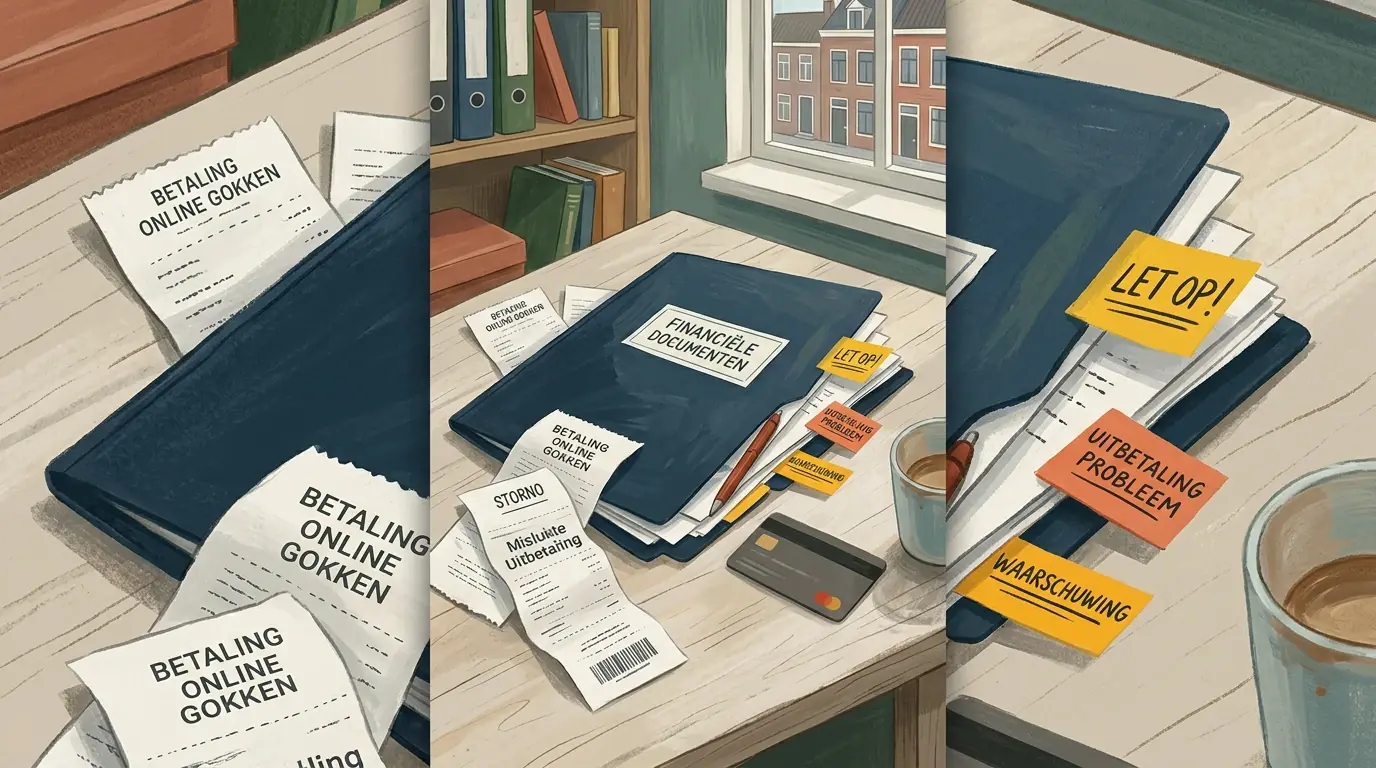 Illustratie van betaalbewijs, uitbetalingsstatus en waarschuwingssignalen op een rustige werktafel