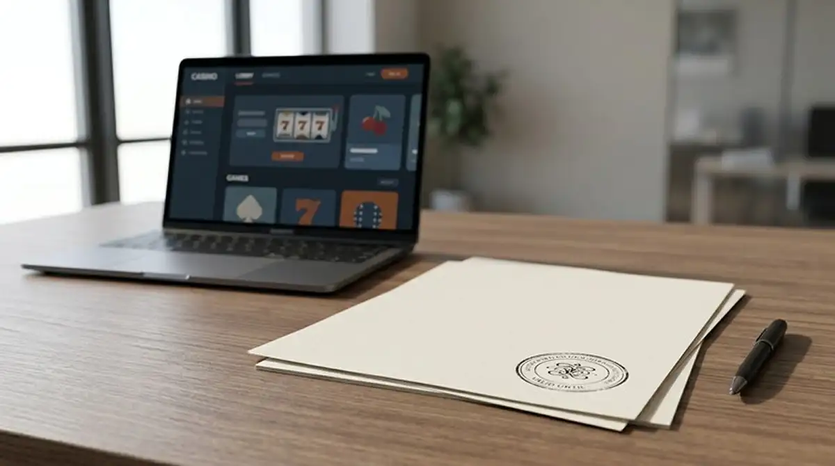 Neutraal licentiedocument op modern houten bureau naast open laptop met generieke casinolobby, zacht daglicht van links, gedempt blauw-warmgrijs palet