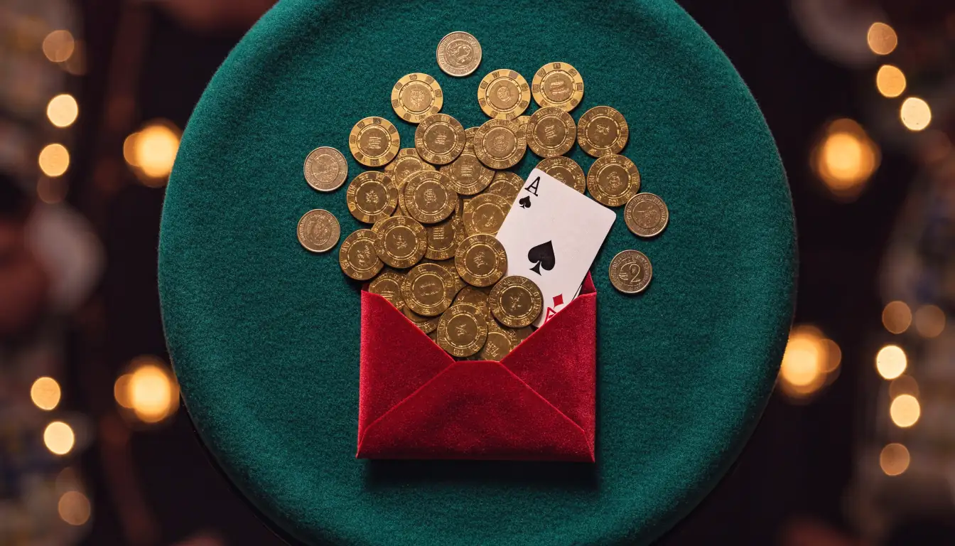Open envelop met gouden casinofiches en euromunten op een groene speeltafel