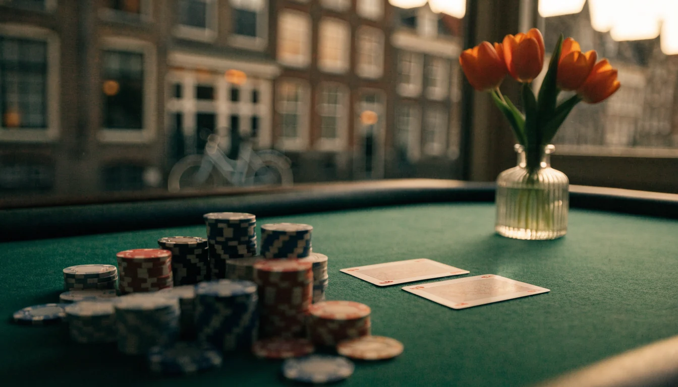 Stille casinotafel met fiches, kaarten en oranje tulpen voor een raam met een Nederlandse gracht.