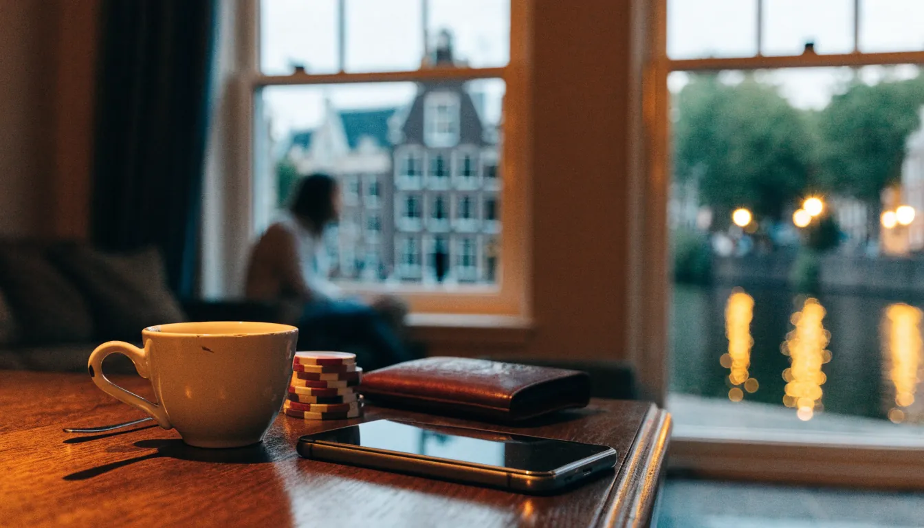 Sfeerbeeld van een Amsterdamse grachtenwoning met casinofiches en telefoon