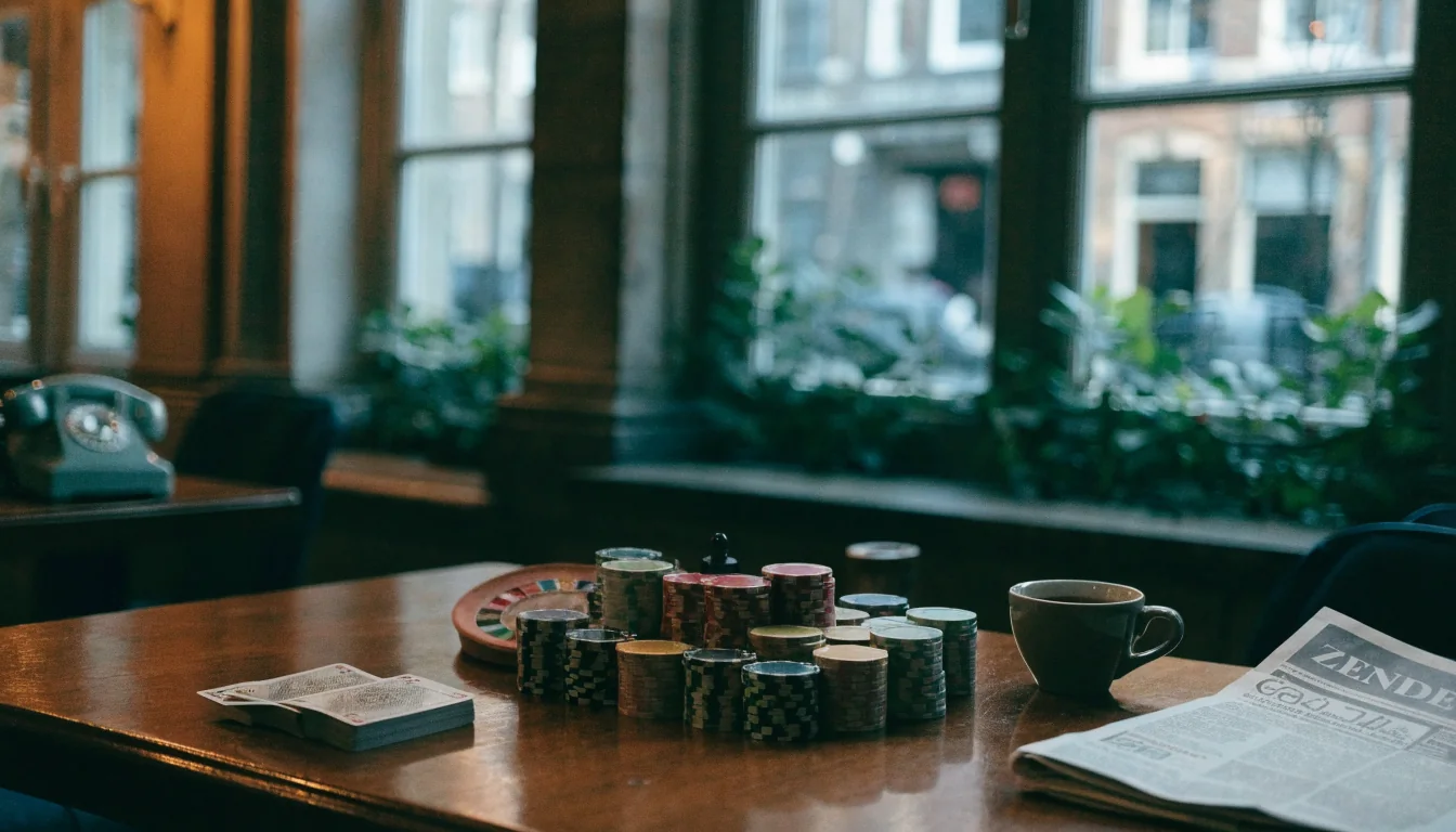 Stacks met casinofiches en kaarten op een houten tafel in een Amsterdams café