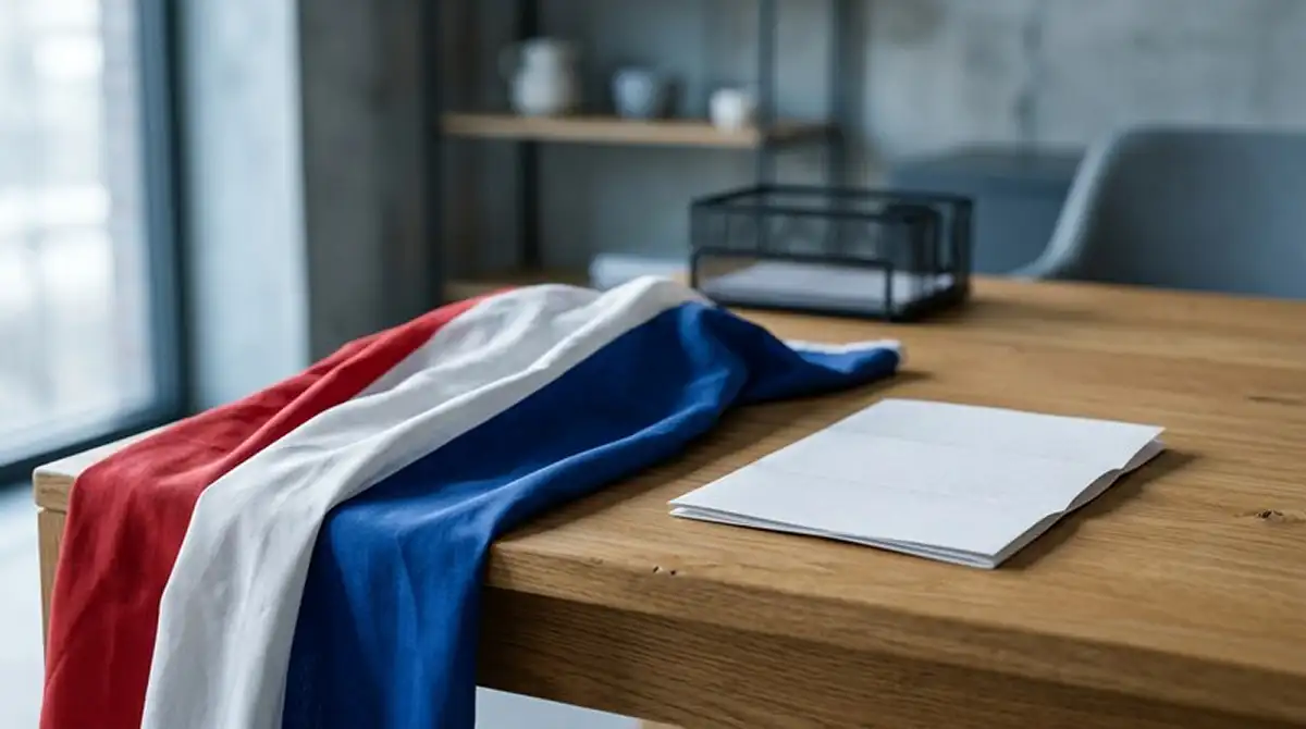 Nederlandse vlag naast neutraal juridisch document op eiken bureau, moderne kantooromgeving, koel daglicht, gedempte kleuren, geen wapenschild, geen tekst leesbaar