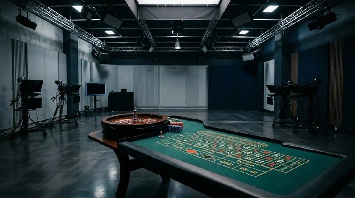 Generieke live-studio-opstelling met neutrale roulettetafel, professionele verlichting van bovenaf, geen dealer in beeld, geen brandmerken, koele kleuren, editorial fotografie